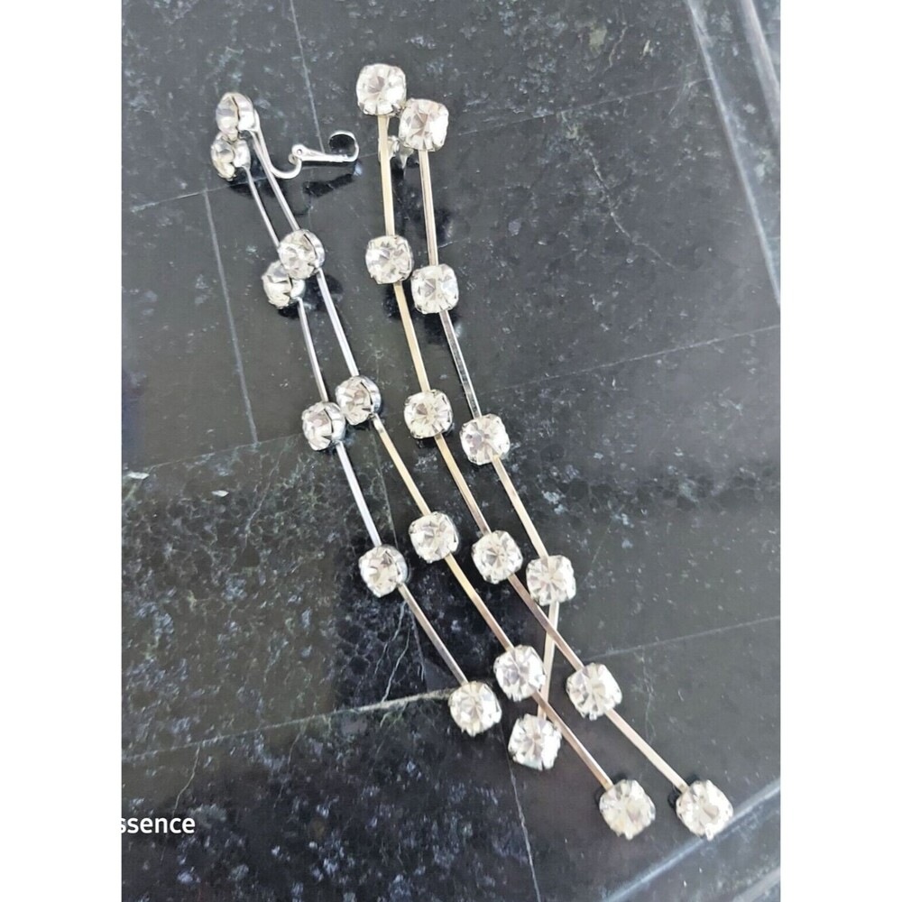 Vintage Glam Shoulder Duster Earrings Silver Tone Rhinestones 2 row 6" 80s
